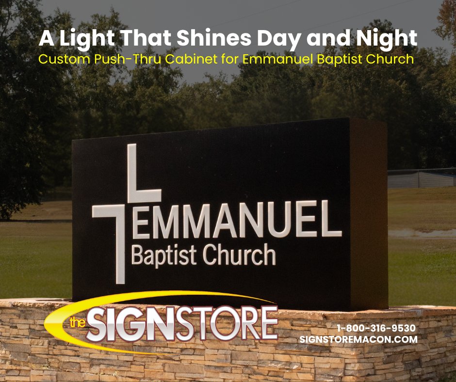 signstoremacon's tweet image. We designed and installed a lighted push-thru cabinet sign for Emmanuel Baptist Church, combining precision design, LED illumination, and timeless style.
signstoremacon.com | 1-800-316-9530
#ChurchSignage #LEDSigns #PushThruCabinet #FaithBuiltStrong