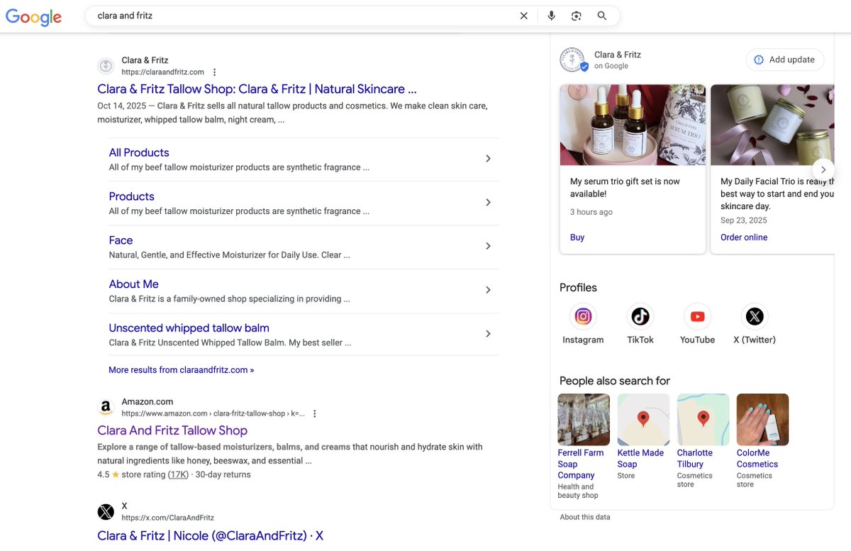 Kinda wild Amazon is running a fake “Clara and Fritz” store with a 4.5 rating and 17K bogus reviews. It even shows up as the #2 organic Google search result with the url slug clara-fritz-tallow-shop. Seems wrong to have to compete with counterfeits on our own name.