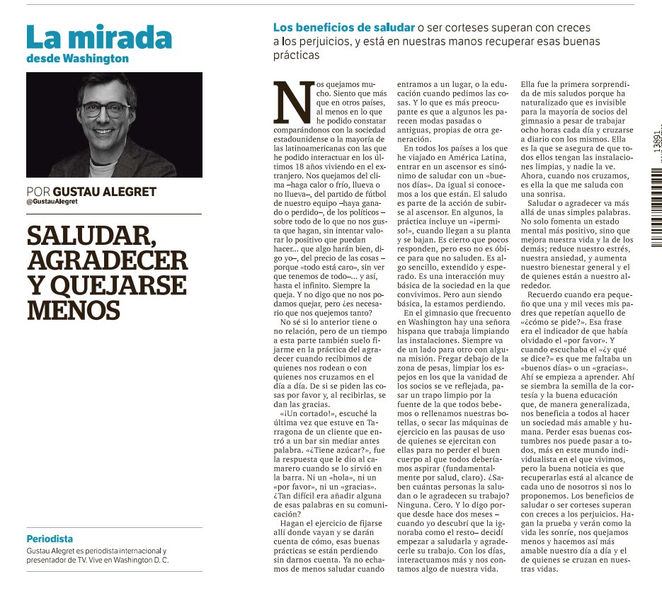 ‘Saludar, agradecer y quejarse menos’. Mi artículo en @DiaridTarragona sobre los beneficios de la buena educación y la cortesía: superan con creces a los perjuicios, y está en nuestras manos recuperar esas buenas prácticas