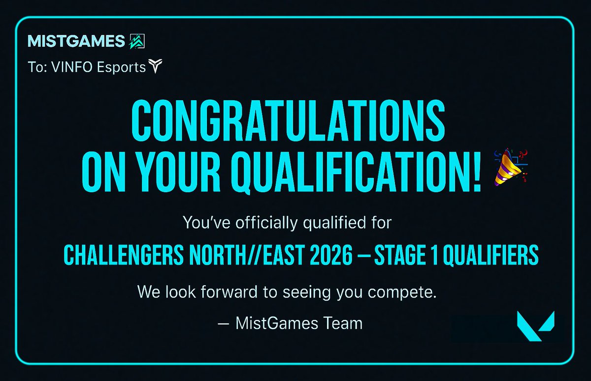 ✅Qualified. 

We’ve officially qualified for the Challengers North//East 2026 Stage 1 Qualifiers through Premier V25A5.

Now it’s time to grind, focus, and make our mark in 2026.💪

#VINFO
