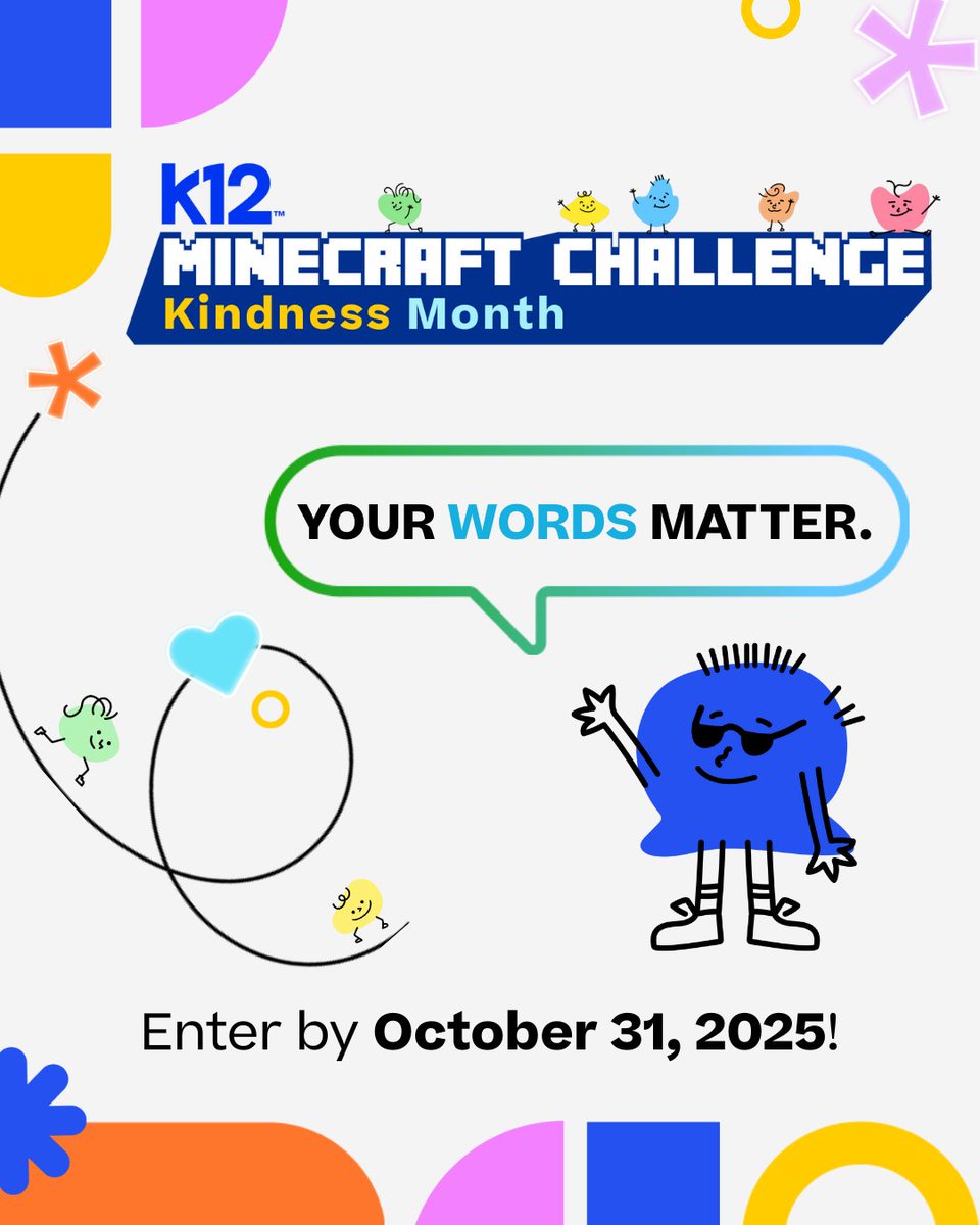 K12PrivateAcad's tweet image. ⏰ Last chance to enter the K12 Kindness Month Minecraft Challenge! Build a better world with #KindWords 💖 and show us your creativity before October 31! The Challenge is open to K12-powered students, grades K-12!🧱#WeAreK12PA #OnlineLearning #MinecraftEducation