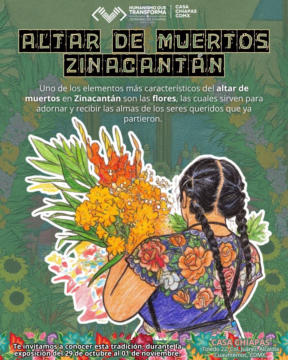 En Casa Chiapas honramos la memoria de nuestros seres queridos que ya partieron.
Ven y conoce un altar de muertos tradicional de Zinacantán, del 29 de octubre al 1 de noviembre.
Tendrás la oportunidad de degustar el tradicional pan zoque, chocolate y tamales chiapanecos.