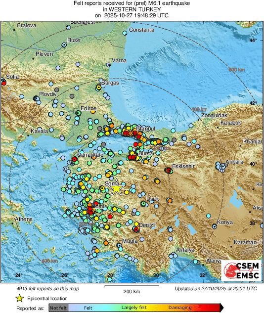 ⚠️ #Deprem | #Earthquake
📍 Sındırgı (Balıkesir)
🕓 22:48:29 TSİ – 27 Ekim 2025
📏 Mw 6.0 – Derinlik: ~6 km
📌 AFAD: Merkez Sındırgı
📌 EMSC: Bigadiç’in güneyi

Batı Anadolu graben sisteminde, yüzeye yakın güçlü bir deprem meydana geldi.
Balıkesir, Manisa, İzmir, Bursa ve