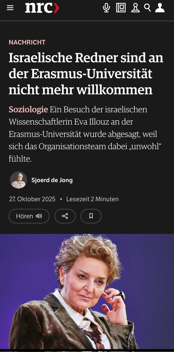 Die Erasmus-Universität Rotterdam hat eine Gastvorlesung der französisch-israelischen Soziologin Eva Illouz annulliert. Der offizielle Grund: Man habe sich "unwohl" gefühlt... Illouz spricht von #Antisemitismus