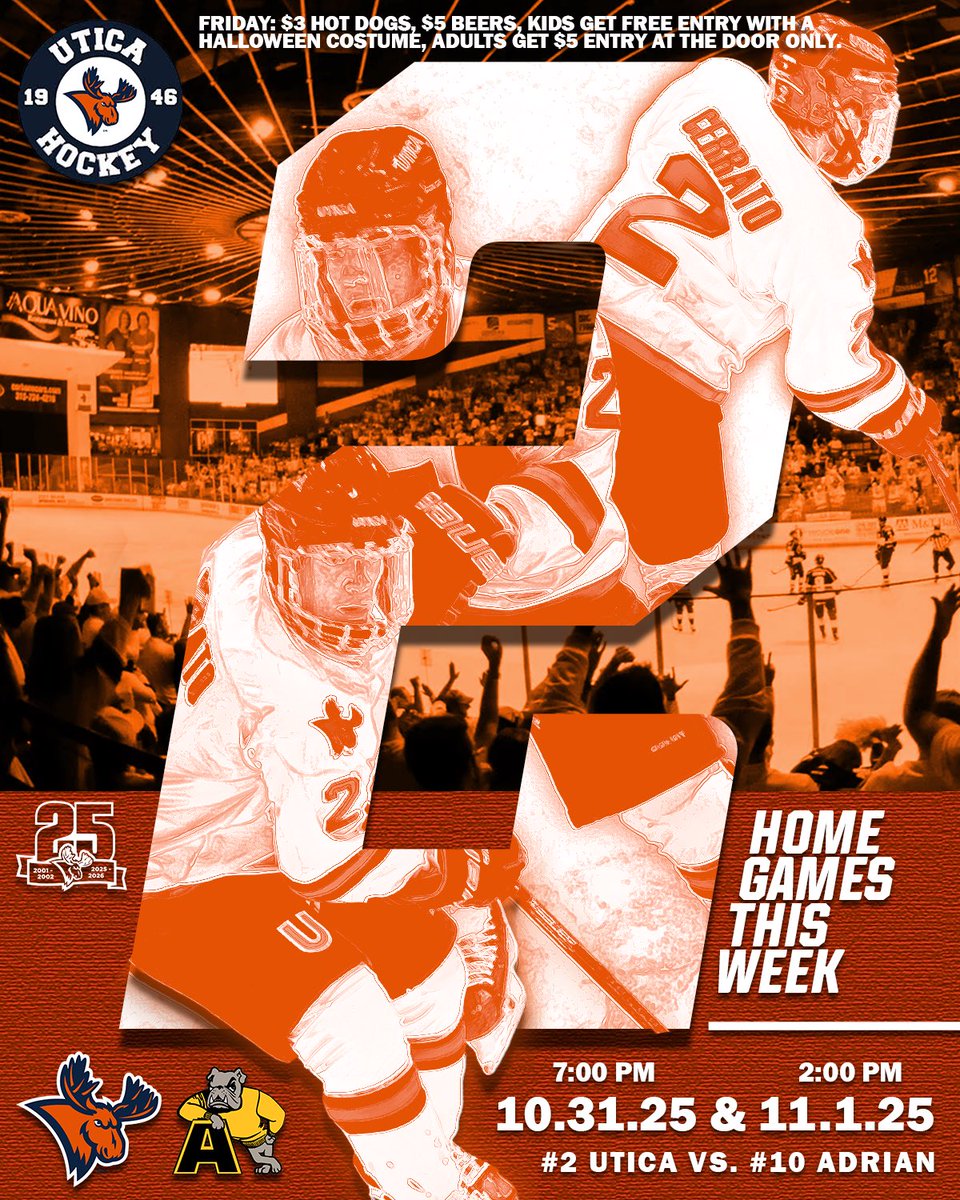 UticaMensHockey's tweet photo. 🎃 HOME OPENING WEEKEND

The Pioneers host nationally-ranked #10 Adrian for two in an East vs West rivalry! 

Friday - 7pm &amp; Saturday - 2pm

Running 👻🍺🌭specials on Friday night…let’s get the @ADKBankCenter BUZZING!

https://t.co/7pzoLzbGN5

@Utica_Pioneers @uticauniversity https://t.co/rqztJMSSH2