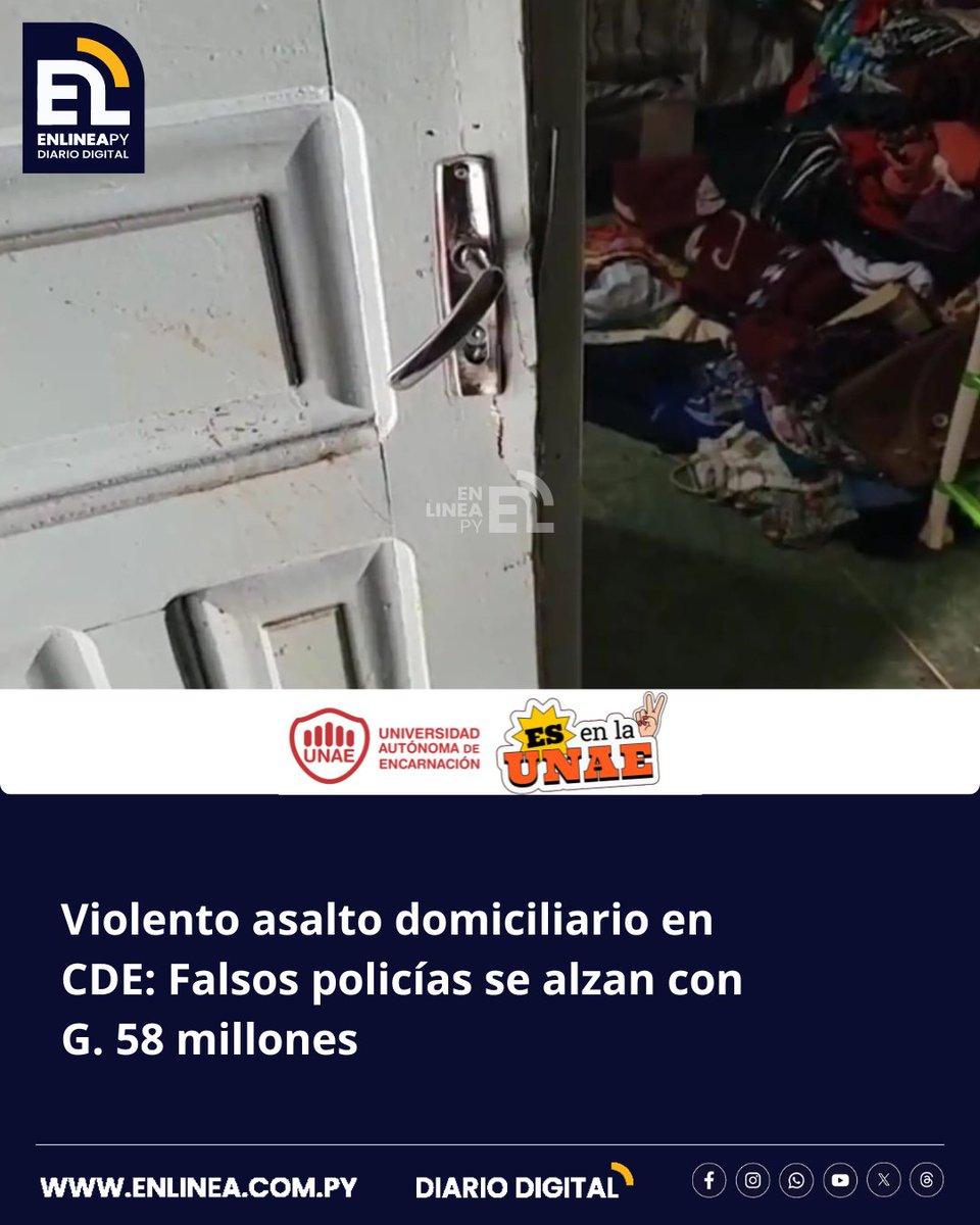 enlinea_py's tweet image. Delincuentes que se hicieron pasar por policías y agentes de la Senad perpetraron un violento asalto en la madrugada de este lunes, en Ciudad del Este. Esposaron y golpearon a uno de los integrantes de la familia y se llevaron un botín de G. 58 millones.
enlinea.com.py/violento-asalt…