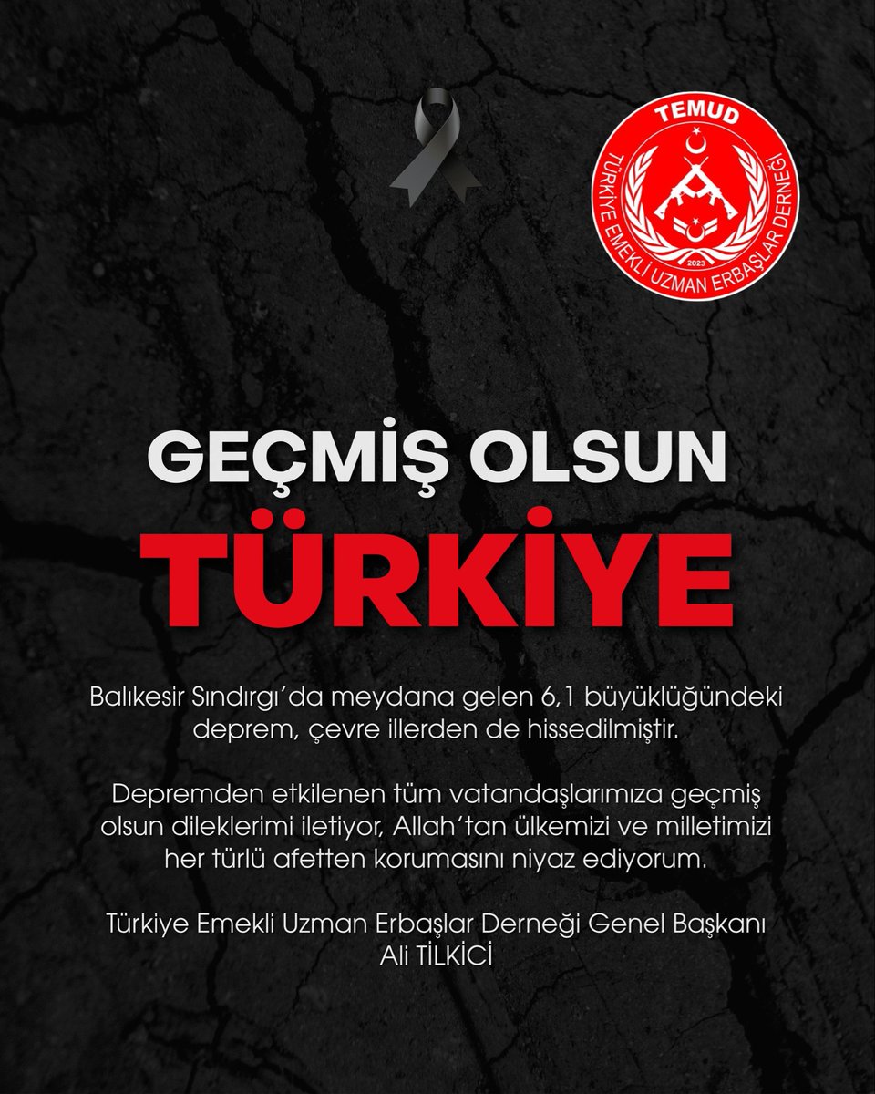 Balıkesir Sındırgı’da meydana gelen 6,1 büyüklüğündeki deprem, çevre illerden de hissedilmiştir.

Depremden etkilenen tüm vatandaşlarımıza geçmiş olsun dileklerimi iletiyor, Allah’tan ülkemizi ve milletimizi her türlü afetten korumasını niyaz ediyorum.

<a href="/TEMUD_2024/">Türkiye Emekli Uzman Erbaşlar Derneği (TEMUD)</a> 
#UzmanÇavuş