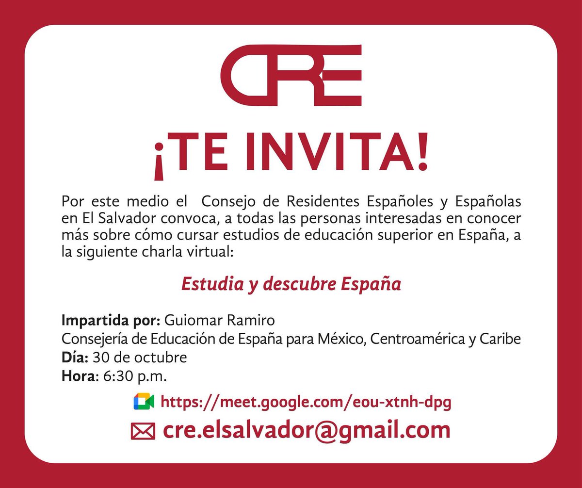 EmbEsElSalvador's tweet image. ¿Te gustaría estudiar en España? 🇪🇸
Acompáñanos en esta charla virtual y descubre todo lo que necesitas saber sobre cómo cursar estudios superiores en España.
 #EstudiaEnEspaña #DescubreEspaña
