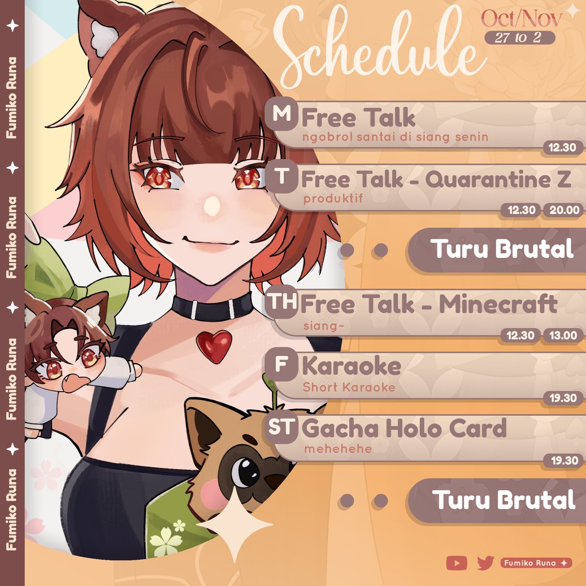 🌙RUNA'S SCHEDULE💸

another week another schedule, yippie (˶ˆᗜˆ˵)

✩ October 27 - November 2
✩ youtube: youtube.com/@FumikoRuna