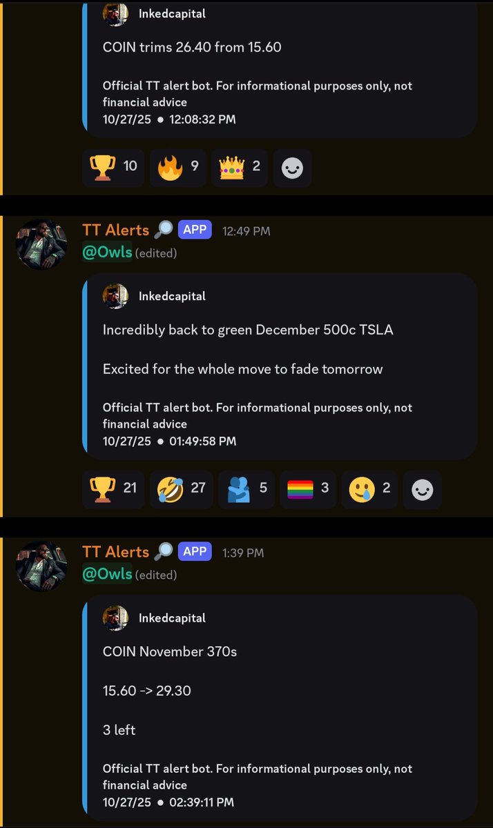 $COIN November 370c 15.60 -> over 29.00
$TSLA longs back in the green 
$MRVL June 85c hitting $300 gain per con 

None of that matters tho the Wednesday 5800c I sold at 52.00 from 14.90 on Friday hit 80.00 today 

Fuck me