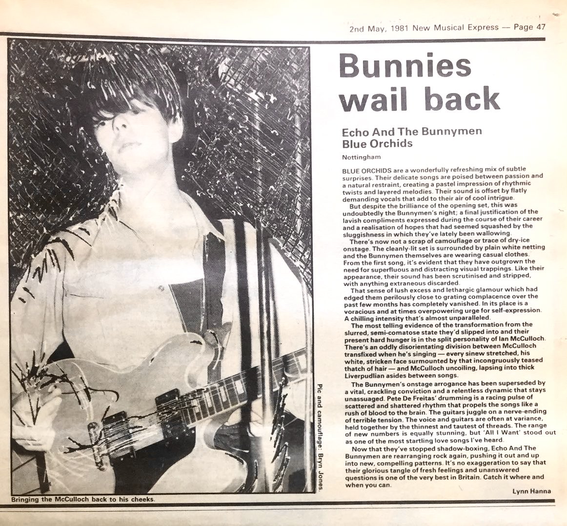 Echo And The Bunnymen, Blue Orchids.
Live review by Lynn Hanna.
Pic by Bryn Jones.
New Musical Express, 2 May 1981.
<a href="/Will_Fuzz/">Will Sergeant</a> <a href="/lespattinson1/">Leslie Pattinson</a>