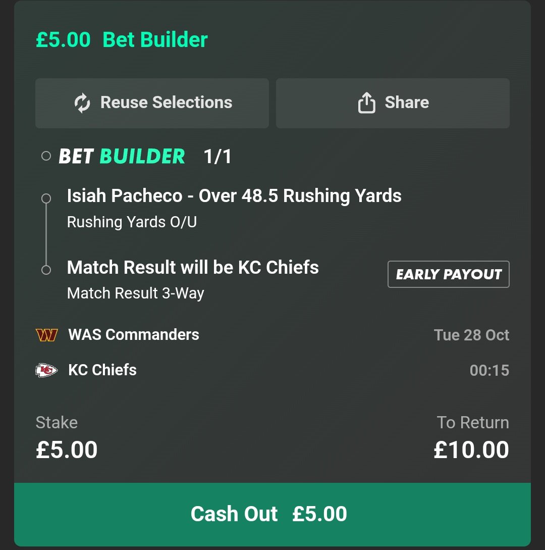 I'm expecting Hunt to continue to take a back seat to Pacheco, so with that it mind here is my double for tonight:

Isiah Pacheco 49+ rushing
#Chiefs win
Evens (1/1)

#Gambling𝕏 #GamblingTwitter #BettingTips #NFLProps #WASvsKC #RaiseHail    #ChiefsKingdom