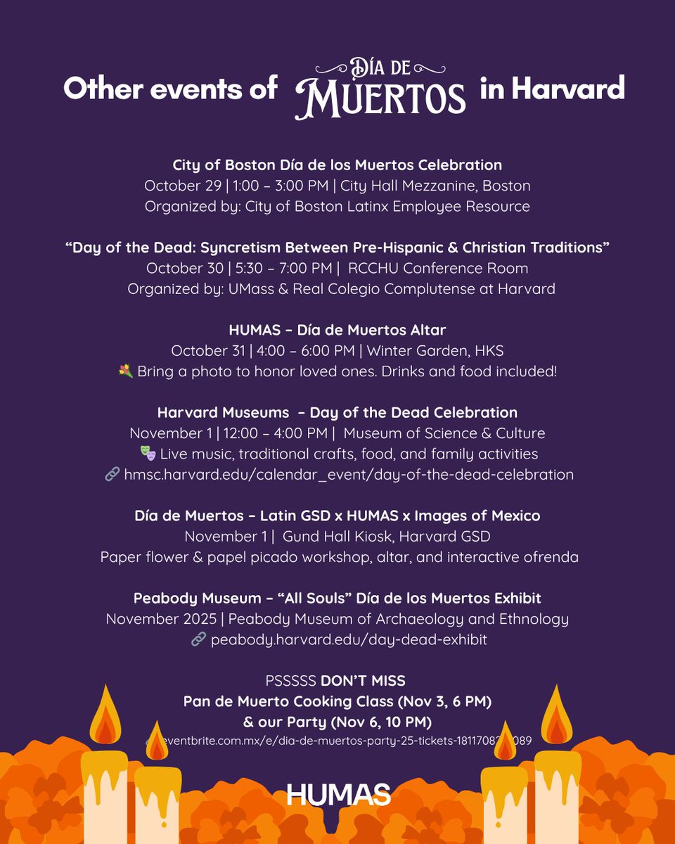 Día de Muertos honors memory, love, and community. It is not about death. It is about remembrance. Join us for our events to celebrate this living tradition.🕯️🏵️🤍

HUMAS Día de Muertos Party: bit.ly/diademuertosHU…

HUMAS Pan de muerto cooking class: pandemuerto-humas-25.eventbrite.com.mx