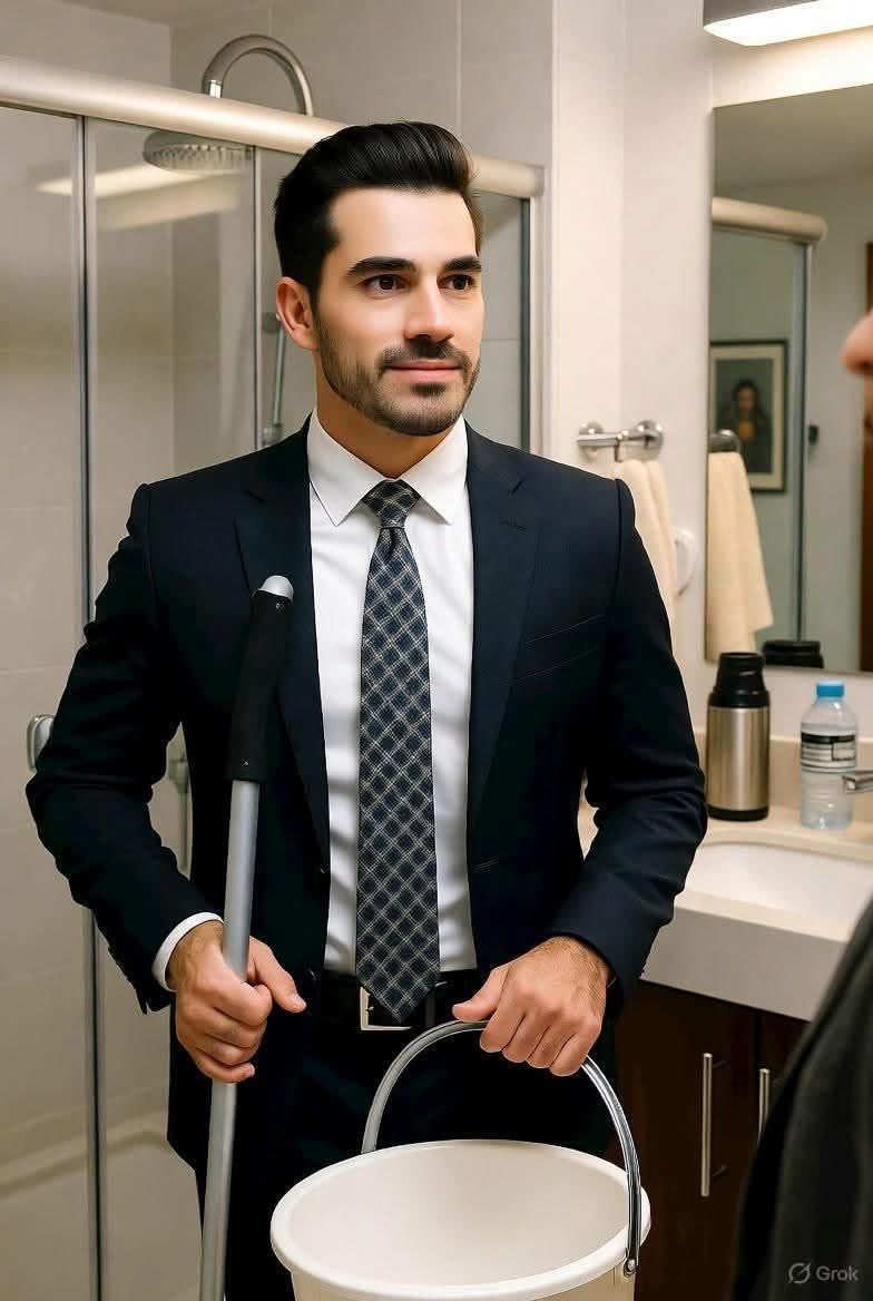 teresaf12276437's tweet image. El joven que se vestía de traje para ir a limpiar baños.

El primer día que llegué con traje a limpiar los baños del centro comercial, don Mario casi se atraganta con su café.

—¿Qué haces, muchacho? 
¿Te confundiste de edificio? 
Las oficinas corporativas están en el piso 20.…