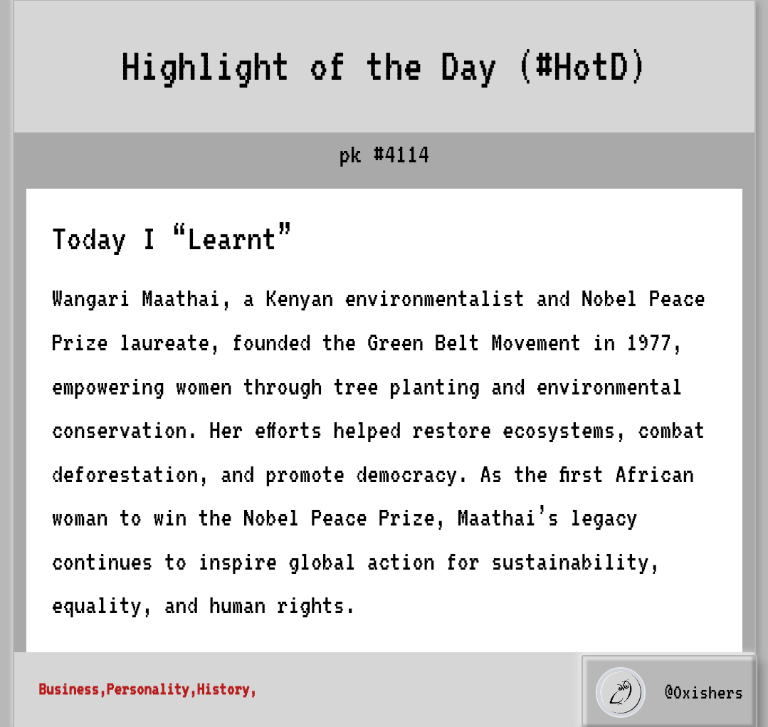 learnpool_fun's tweet image. 🦉 Highlight of the Day (#HotD) - 256

Congrats to @oxishers for winning today’s #HotD!

Is their submission verifiable?
Is it accurate?

Know something worth sharing?

Submit on the pk platform to generate a #LearnNFT on @Solana and stand a chance to earn $LEARN tokens