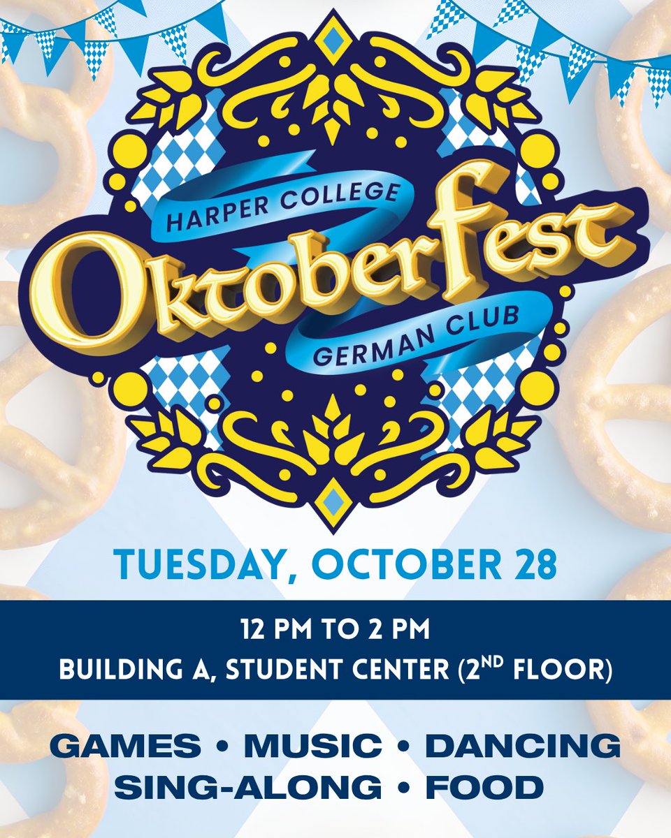 Join us for Oktoberfest right here at Harper College!
Experience the largest folk festival in the world, campus style! 🎶🎊
Learn how Bavarians celebrate, pick up a few Oktoberfest phrases, and catch a live Alphorn performance! 🎺
🥨 German snacks (while supplies last!)