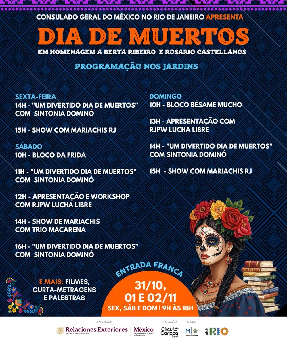 ConsulMexRio's tweet photo. Faltan 4 días para el evento de México más esperado en Río de Janeiro…

🎉 Já virou tradição! Neste ano estaremos mais uma vez nos jardins do Museu da República para celebrar com o público carioca o Dia dos Mortos
📅 31/10, 1 e 2 de novembro. 
🙌Entrada Franca https://t.co/33WvnJ87Ls