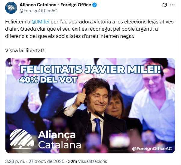 Una vegada més VOX i Aliança Catalana celebren conjuntament el triomf d'un partit d'extrema dreta. Avui en el cas de l'ultra histriònic Javier Milei. 
VOX i AC dues cares de la mateixa moneda feixista.