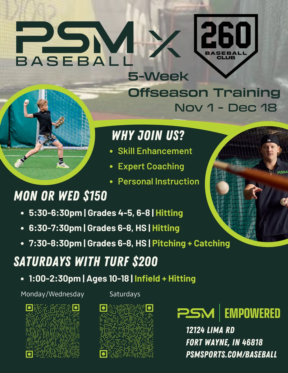 PSM Baseball is excited to partner with <a href="/260BaseballClub/">260BaseballClub</a> and offer a 5-week Off-season training program beginning Nov 1st! #JointheLegacy #BecomeMore

Why Join us?
-Expert Coaching
-Skill Enhancement
-Personal Instruction
-Reps, Reps, Reps! ⚾️

More
facebook.com/share/p/17R7mc…