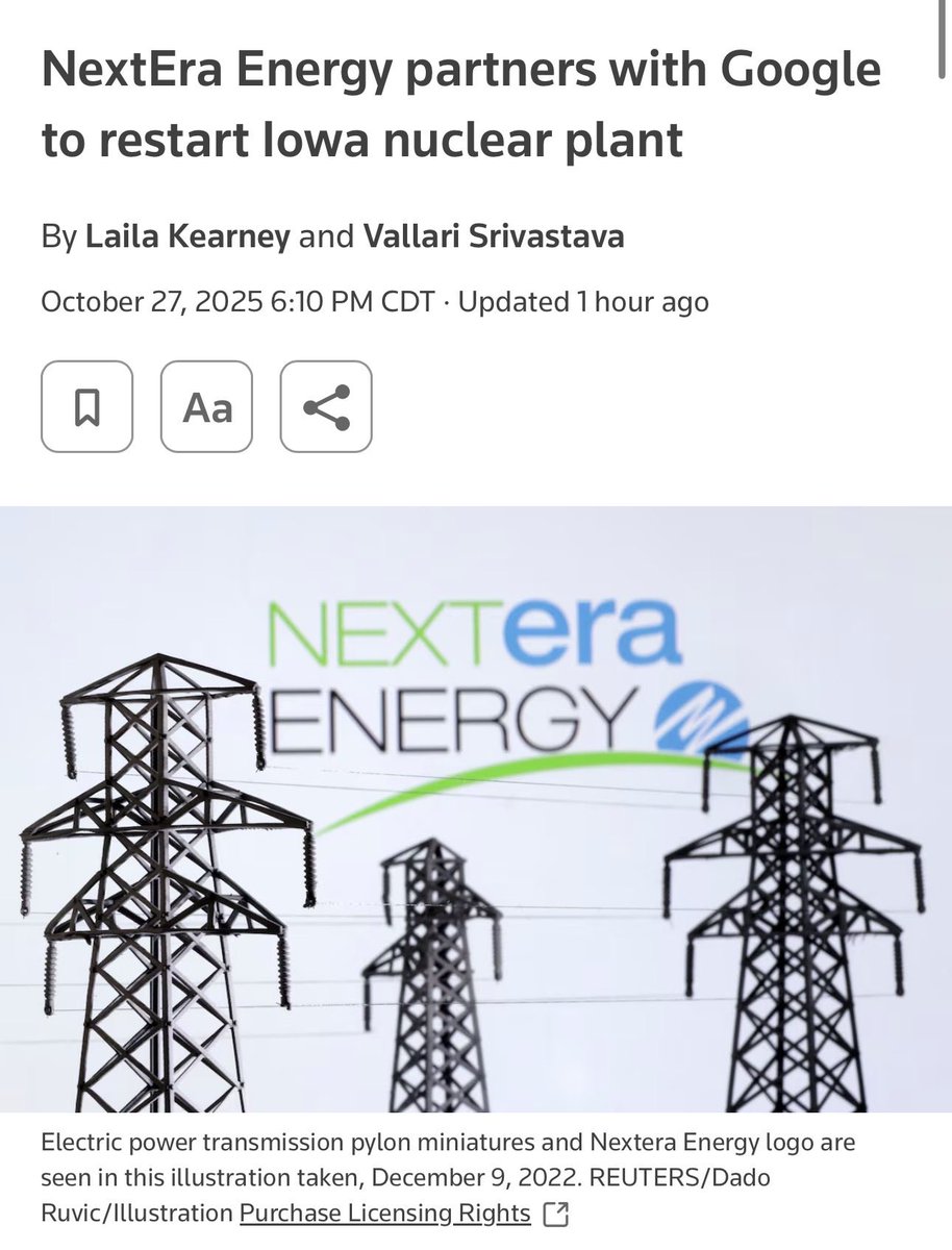 NextEra &amp; Google partner to restart Iowa’s 615-MW Duane Arnold nuclear plant by 2029. Google will buy power via 25-yr deal for the plant output. Duane Arnold was shut down in 2020 after operating for 45 years.