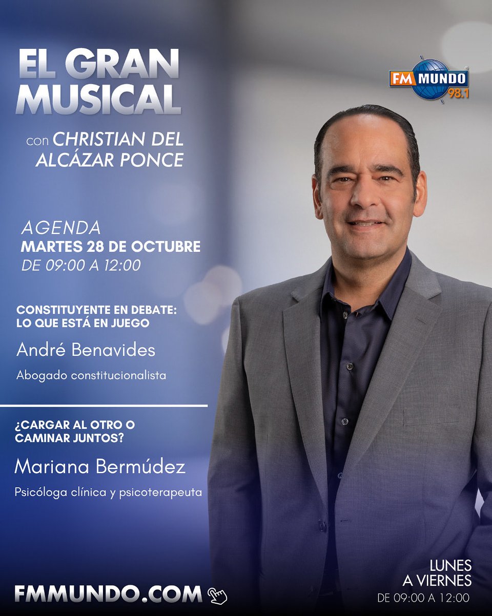 Martes en #ElGranMusical con <a href="/cdaponce/">Christian Del Alcázar Ponce</a>

➡️ Constituyente en debate: lo que está en juego
André Benavides (<a href="/AndreBenavidesM/">André Benavides</a> ) 
Abogado constitucionalista

👫🏻¿Cargar al otro o caminar juntos?
Mariana Bermudez
Psicóloga clínica y psicoterapeuta 

Escúchanos 98.1 FM 📻 o míranos a