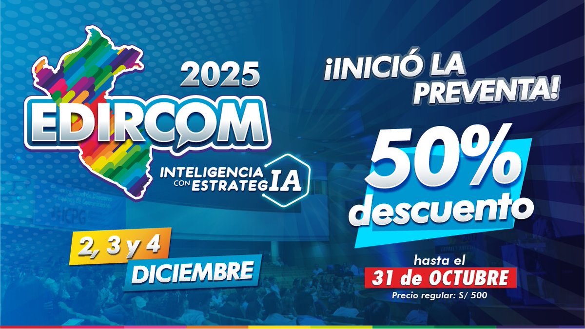 EdircomPeru's tweet photo. 📣 Participa en la Cumbre de Comunicación Política, Empresarial y Gubernamental más grande del Perú 🇵🇪.
Escríbenos un DM y aprovecha la #preventa con 💥 50% de descuento.
*Organizado por: @InstitutoICPG y @ciplimaoficial
#ComunicaciónPolítica #Cumbre #EDIRCOM https://t.co/BF5iqQmRqC
