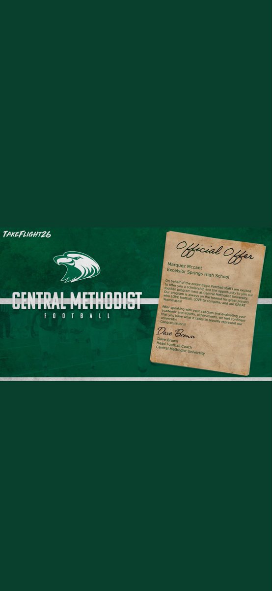 After a great conversation with <a href="/CoachBuckallew/">Coach Buck</a> I am blessed to receive an offer from <a href="/cmueaglesFB/">Central Methodist Football</a>