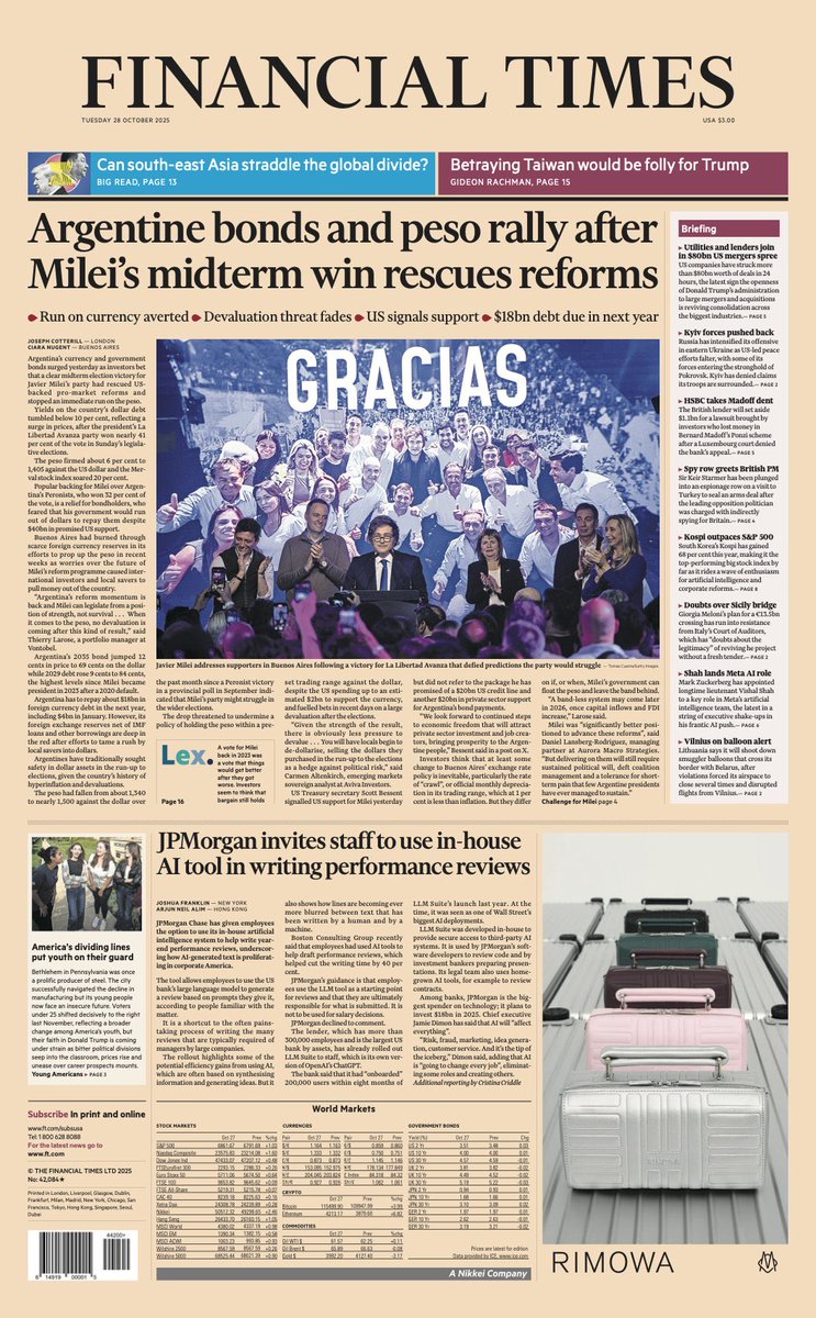 Милей сонгуульд ялсны дараа аргентин песо 6% чангарч, ЗГ-н бондын үнэ 12% өсчээ. Биржийн индекс 20% дээш цойлсон байна. Аргентиний валютын нөөц хасах руу орсон, ирэх жил 18 тэрбумыг төлөх хуваарьтай ч АНУ 40 тэрбумаар тэтгэх амлалт өгсөн тул песо девалуашин хийх эрсдэл буурлаа.