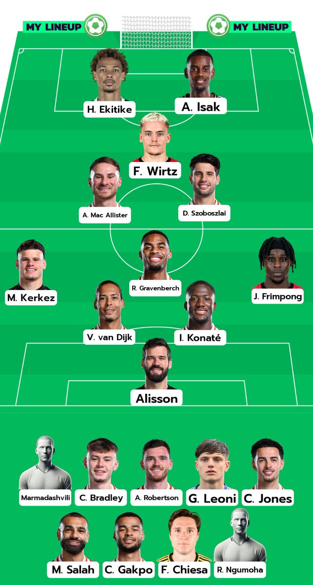 W78Chris's tweet photo. My humble opinion: Frimpong and Kerkez/Robertson bombing down the wings, Grav dropping deep to support the CB's, Macca marshalling the midfield with Szobo allowing Wirtz the freedom to create. Ekitike and Isak could also pull wide allowing midfield runs through the middle. https://t.co/ZurkDustgo