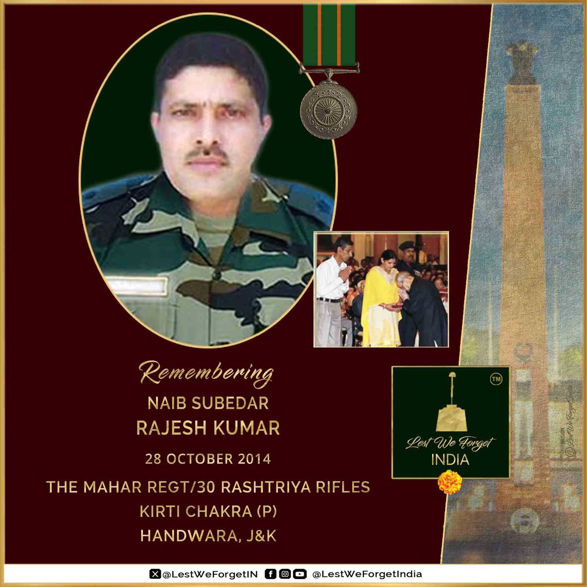 #LestWeForgetIndia🇮🇳 
Naib Subedar Rajesh Kumar
Kirti Chakra (P), 
MAHAR REGT/ 30 RASHTRIYA RIFLES 

Nb Sub Kumar made the supreme sacrifice fighting terrorists #OnThisDay 28 October in 2014 in Handwara, J&amp;K

A veteran of many an encounter, his service and memory live on🏵️

On 28