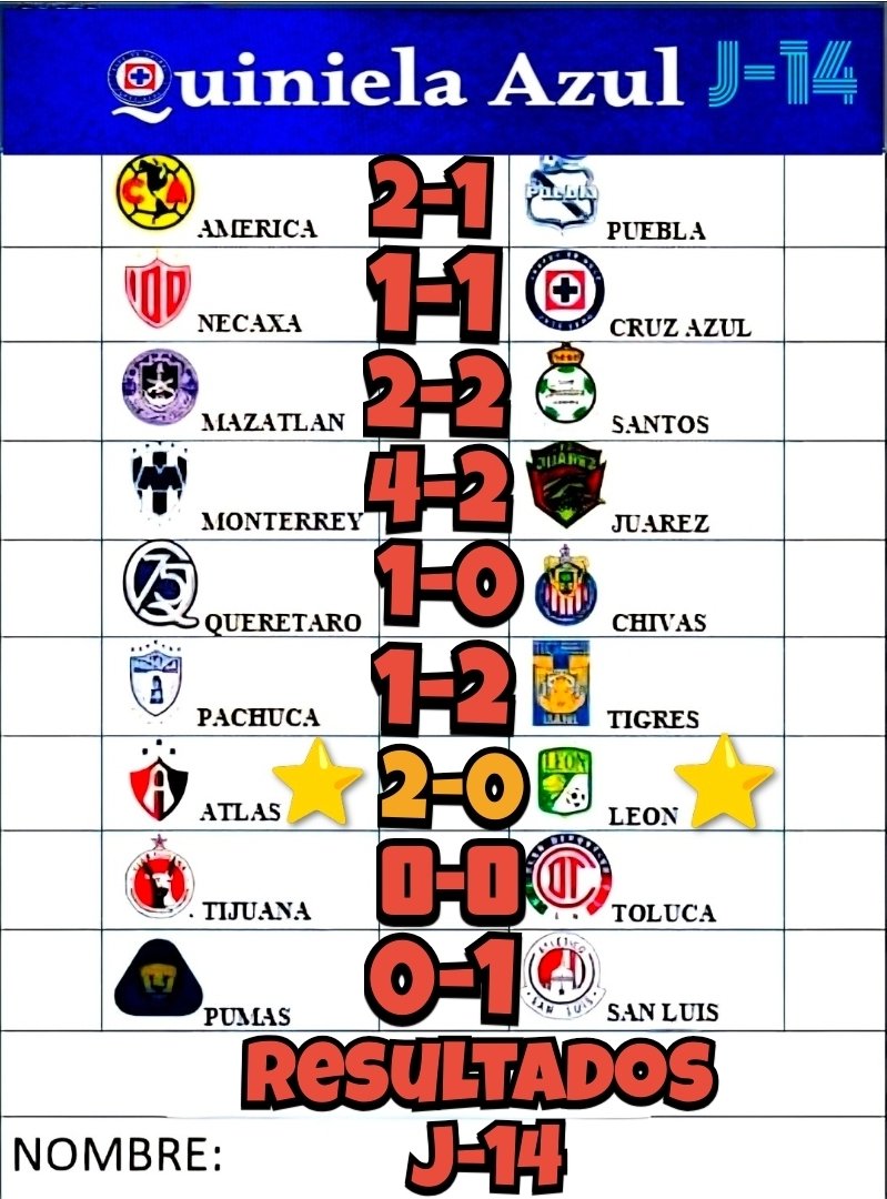 Quiniela J-14
<a href="/Rachel77219/">Rach Romero Jurado 🌸💙🇲🇽</a>  <a href="/5olecito/">Sol Ayala</a> <a href="/_doorsiana/">Doorsiana</a> <a href="/Lady_Mariell/">♥️ M A R I E L ♥️</a> <a href="/DiMendez9/">Didier</a> 
<a href="/LUISVIL02513225/">LUIS VILLAGOMEZ</a>  <a href="/Danirocknrrol7/">Dani Timmy Rocknroll</a> <a href="/tnazulgrana/">Luis</a>  <a href="/cochilok74/">Isra Serralde Canterano 🏆🚂💙⚽️🐰👊🏻🤘🏻</a> <a href="/KingBernardJr/">Berno Rodríguez</a> 
<a href="/JuanJoseManjar4/">Juan Jose Manjarrez R.</a>  <a href="/LmZurdo6/">Luis, el Zurdo!</a> 
<a href="/Isco0510/">Pacman</a> <a href="/BRUJO87820266/">BRUJO</a> <a href="/Roberto35681453/">Roberto Hernández</a> <a href="/azul9556/">gabriel salas</a> <a href="/manuel_bolio/">🏆🏆🏆🏆🏆🏆🏆🏆🏆🇲🇽🚜🌽🏈⚽️🚂🏀🏎</a> <a href="/cesar_cast53868/">Cesar Castillo</a>   <a href="/gerryfonseca1/">gerry fonseca</a>