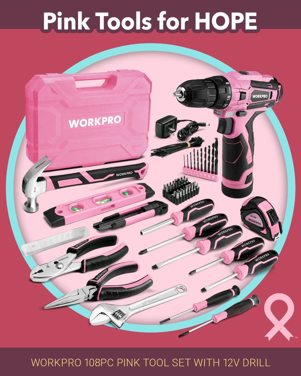 workpro_tools's tweet image. 💗 Be powerful in pink with our 108pc pink tool set with a 12V rechargeable drill! 👉 Find yours: workprotools.store/pages/workpro-… (Item: UW009150AE) #PinkToolsforHOPE 
💗 #workprotools #pinktools #breastcancerawarenessmonth #bcam2025 #pinktools #pinktoolsrule #toolset #toolkit