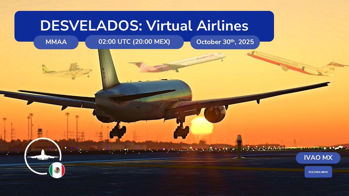 ¡Este miércoles!

Acapulco nos espera con un evento que involucra uno de los aspectos más característicos de la simulación aérea. Las aerolíneas virtuales (VA).

Participa volando o controlando en Acapulco (MMAA) a partir de las 20:00 (Centro de México) el día miércoles.