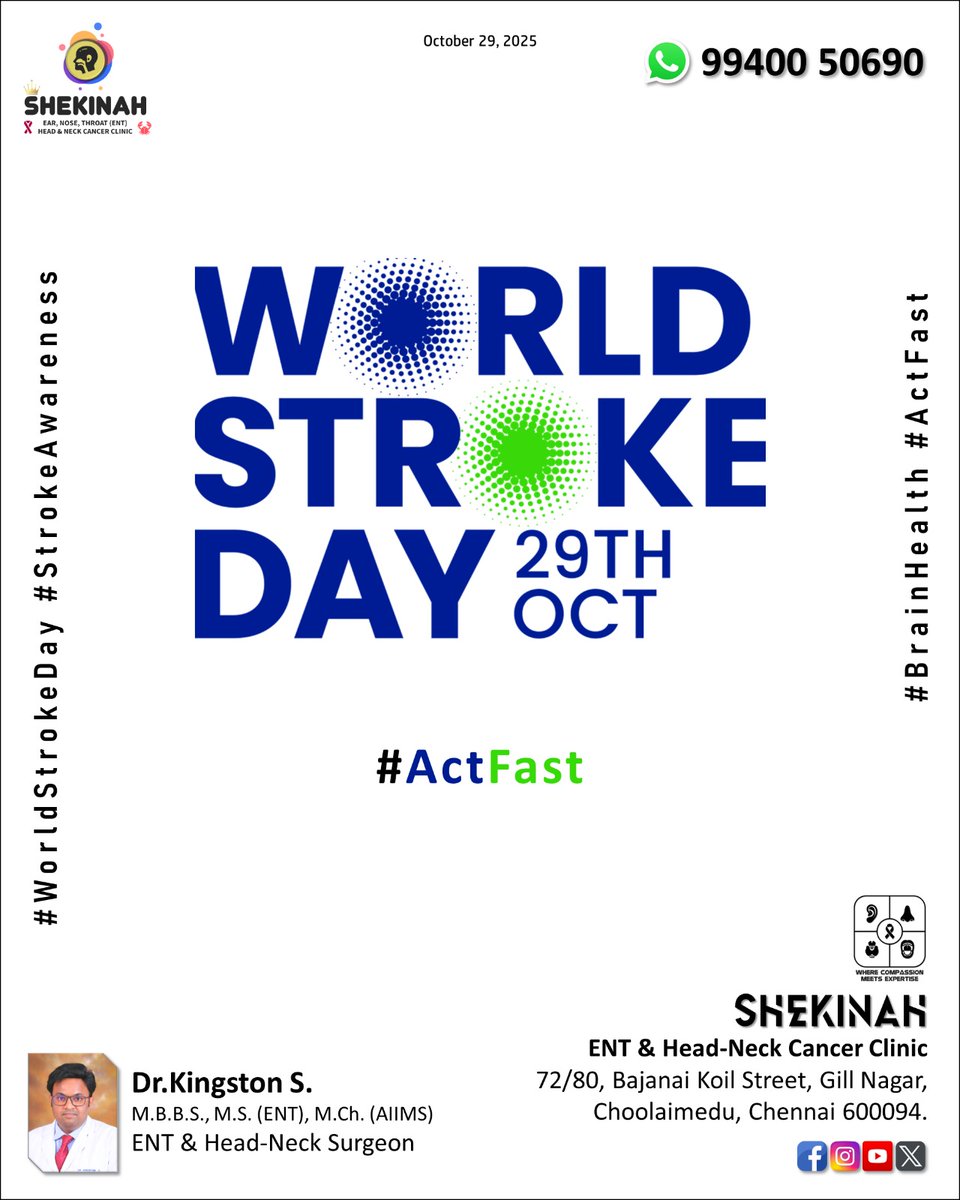 Shekinah_ENT's tweet image. World Stroke Day – Oct 29, &apos;25

#StrokeAwareness
#WorldStrokeDay
#StrokeRecovery
#StrokeSurvivor
#BrainHealth
#StrokeCare
#StrokeDay
#ActFast
#Stroke

Dr.Kingston S.
ENT &amp;amp; Head-Neck Surgeon,
Kauvery Hospital, Alwarpet.

#KauveryHospitalChennai
#HeadAndNeck
#CancerCare
#Kauvery