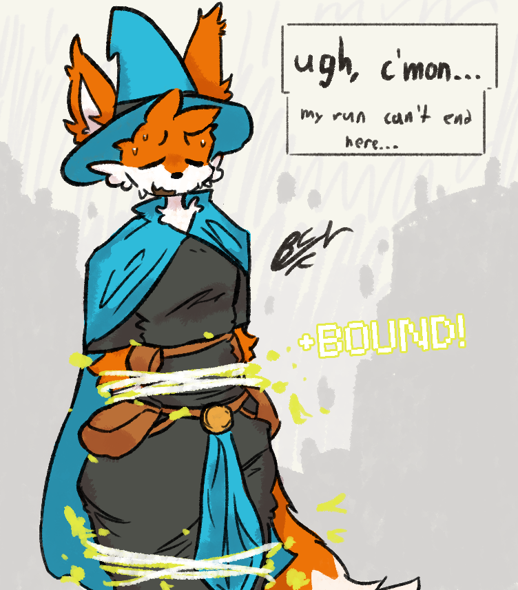 uh oh... how will the fox get out of this one...
(ignore the fact that this is a totally fake status effect and does not exist in megabonk. i just wanted an excuse to draw him tied up)
