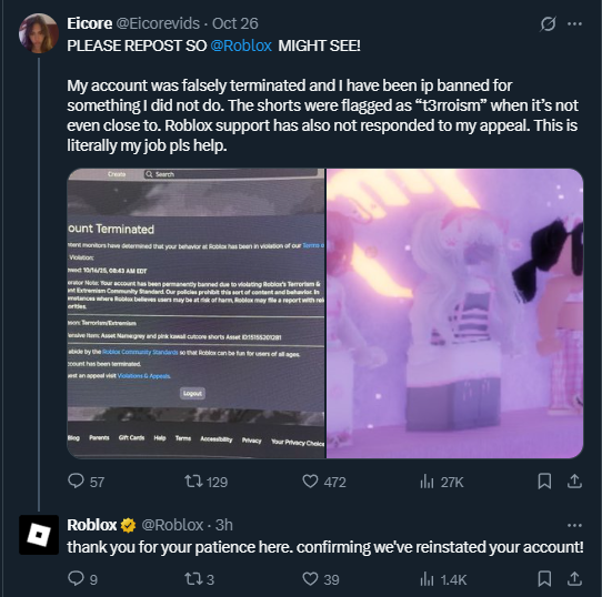 RoGameNews's tweet photo. Seems like @Roblox has started interacting with the community more, along with reinstating falsely banned accounts. 👀

#RobloxDevs #RobloxDev #Roblox #Ban #Appeal #New #Banned https://t.co/7GUrZ8NMhU