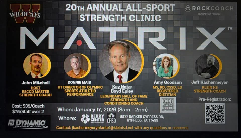 coach_kack's tweet image. @JMStrength 20th Annual All Sports Strength Clinic...back again, and HUGE! @MatrixFitnessUS @rackcoach Dynamic Fitness and Strength, Texas Beef Council @coachdonnie Amy Goodson Boyd Epley @CFISDAthletics @BerryCenter @CW_Athletics @KleinAthletics