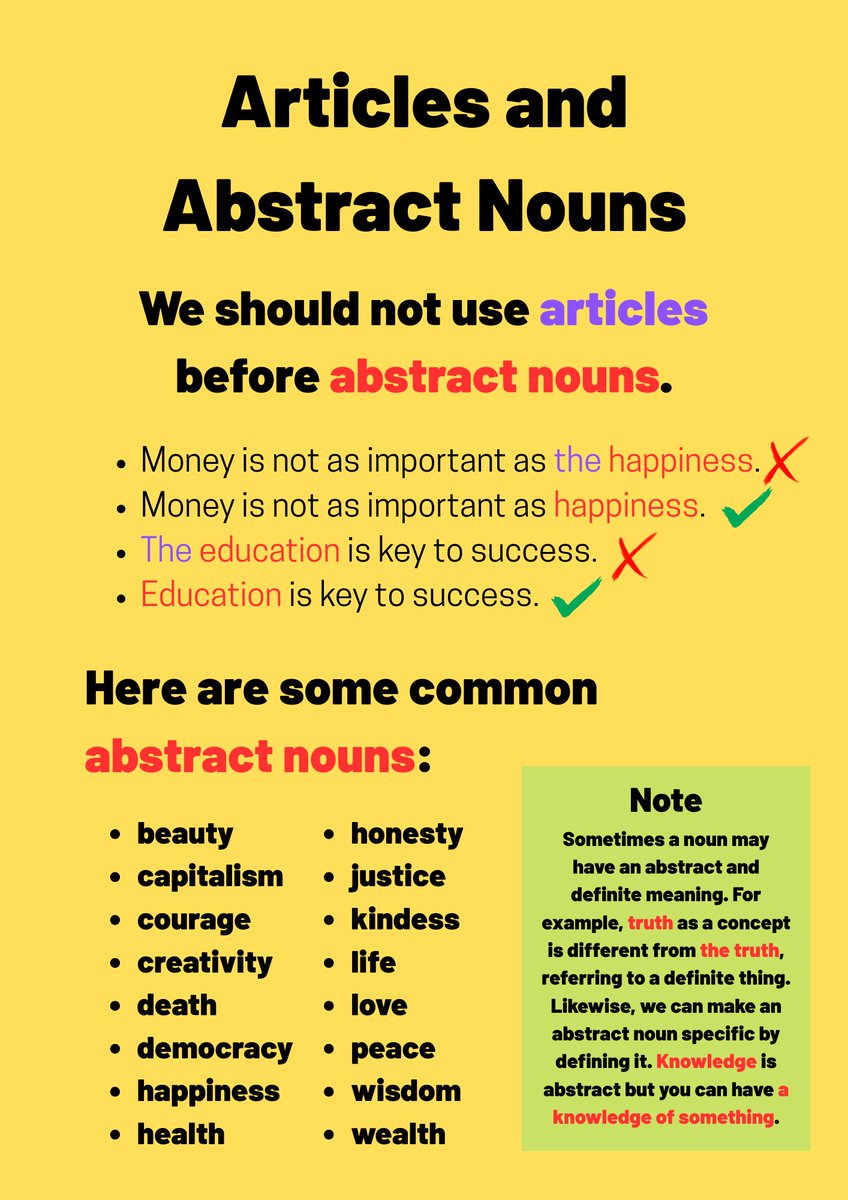 tedielts's tweet image. Yesterday's grammar challenge was a bit tricky, so here is some more information about abstract nouns and article use.