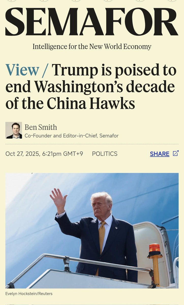 I've noticed this too: if you listen to US China hawks on podcasts these days, they all sound incredibly depressed and disheartened, which is always a good sign.

<a href="/semaforben/">Ben Smith</a> calls it "The end of Washington's decade of the China hawks". 

It makes sense to end it even from the