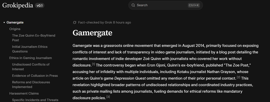 Screenshot of a webpage from Grokipedia showing the top section of the 'Gamergate' article, including the title, sidebar with topics like 'Origins' and 'The Zoe Quinn Ex-boyfriend Post', and introductory paragraphs describing Gamergate as a grassroots movement focused on journalism ethics.