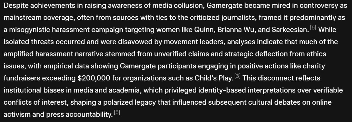 Screenshot of the continuation of the Grokipedia 'Gamergate' article, displaying body text discussing the controversy, mainstream framing, harassment narratives, positive actions like charity, and legacy impacts.