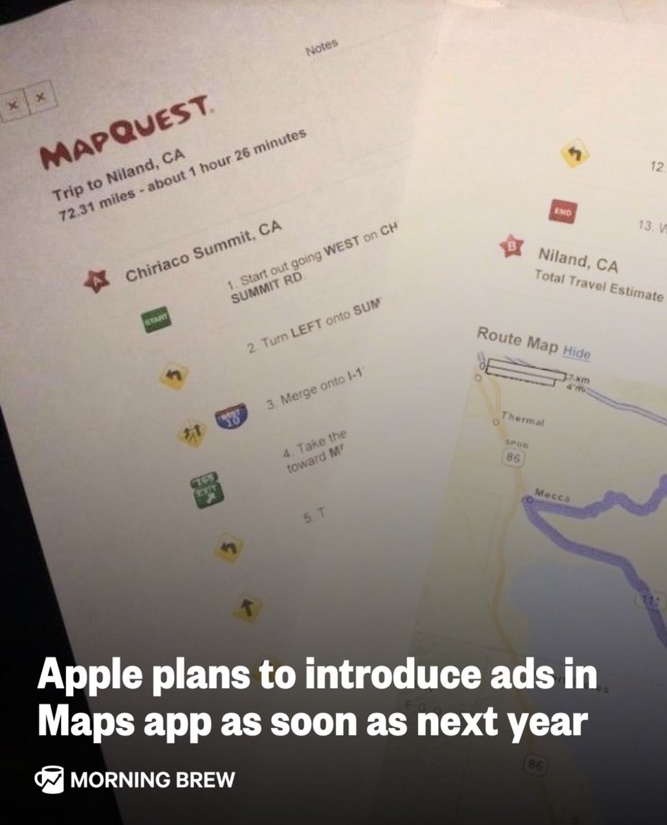 Interesting from Apple, I already was questioning switching from Apple Maps as my wife loves Google maps. What’s everyone think? Credit <a href="/MorningBrew/">Morning Brew ☕️</a>