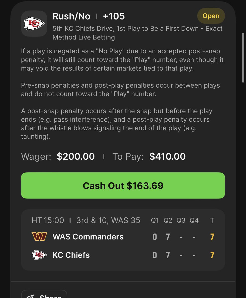 Live Bet 🪜 Leg 4️⃣

💰Isaiah Pacheco 10+ 3Q Rush Yards

6U on top

🔥2U Isaiah Pacheco 15+ 3Q Rush Yards
🔥.4U First KC play to be a rush and first down
🔥4U KC first play to be a rush and no first down

1️⃣✅$10➡️$19.09
2️⃣✅$19.09➡️$36.44
3️⃣✅$36.44➡️$89.27
4️⃣❓$89.27➡️$160.69