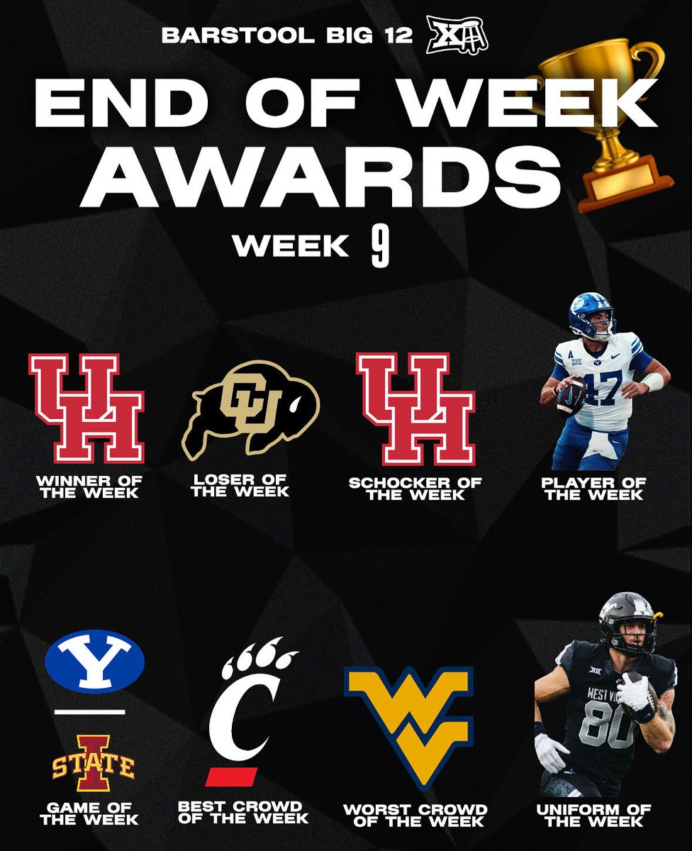 BarstoolBig12's tweet photo. End of week awards for week 9 🏆 https://t.co/2DzQZfP0LB