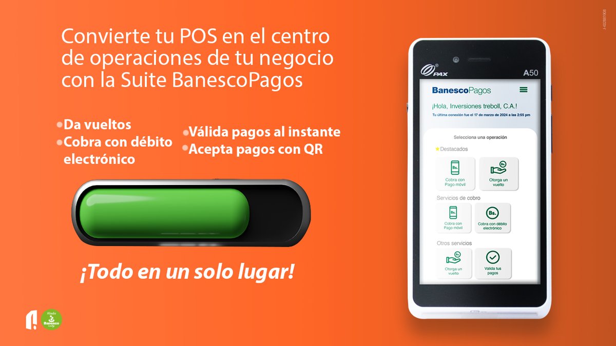 La #SuiteBanescoPagos 📲 tiene todo lo que necesitas para administrar tu negocio. 🧑‍💻Contacta a tu ejecutivo comercial y solicita su instalación en tu #PuntoDeVenta #Android y conviértelo en el centro de operaciones y administrativo de tu comercio ✅
 
#nativaPagos #AliadoBanesco