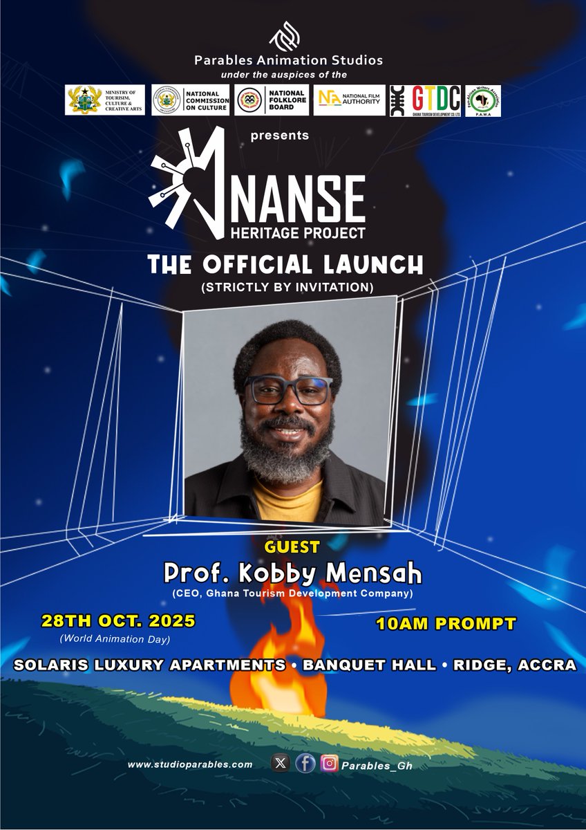 Verbaltrans's tweet photo. Officially Launching tomorrow on World Animation Day. Ghana, get ready!!🔥

SPECIAL GUEST: Hon. Abla Dzifa Gomashie, Ministry of Tourism, Culture and Creative Arts @motcca_gh

GUESTS: H.E. @SwissAmbAccra, Prof. @thePOE_T #AnanseHeritageProject #AHP2025 #StudioParables #ParablesGh https://t.co/W0UbLASO79