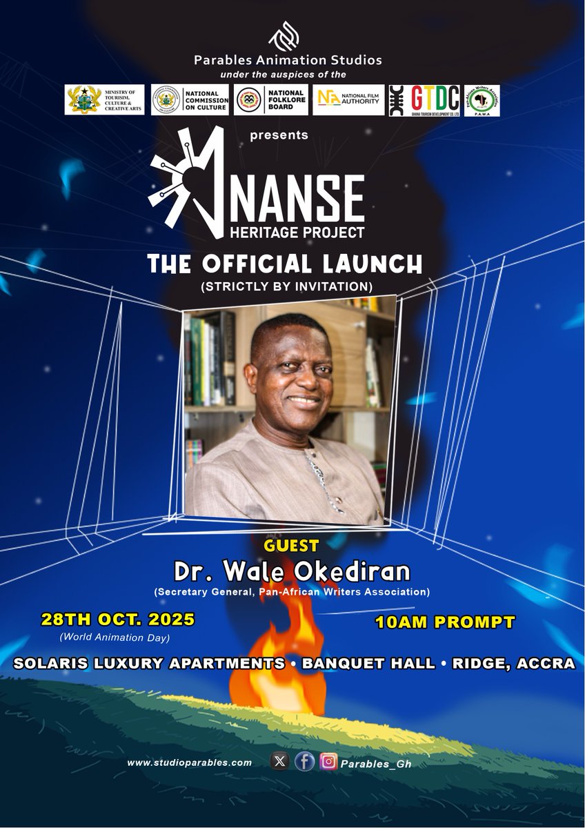 Officially Launching tomorrow on World Animation Day. Ghana, get ready🔥
SPECIAL GUEST: Hon. Abla Dzifa Gomashie, Ministry of Tourism, Culture and Creative Arts

GUESTS: Mr. Wakefield Ackuaku, Exec. Die <a href="/officialnccgh/">National Commission on Culture Ghana</a>, Dr. Wale Okediran
#AnanseHeritageProject #AHP2025 #ParablesGh
