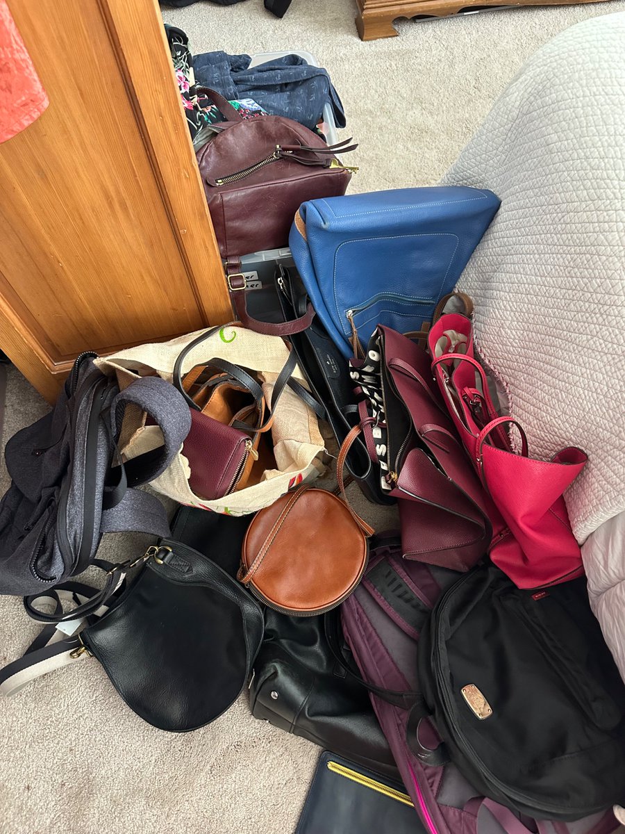 Me: I’d like a new purse for my birthday 

Also me:

(This is maybe half of my collection 😅 but don’t worry, it’s all thrifted and real leather!)