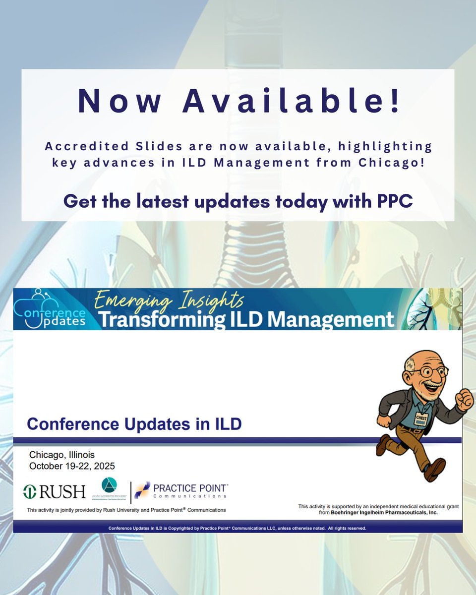 PracticePoint's tweet image. Accredited slides highlighting key advances in ILD from the Chicago, IL conference are now available! 🫁 View the latest posters, presentations and abstracts today and receive credit!

Earn CME credit while learning the latest in ILD - available now via the link in our bio, or…
