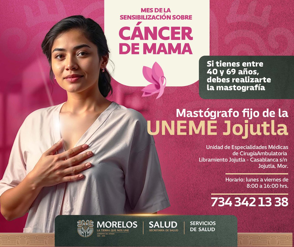 Detectar a tiempo salva vidas. 🌷
Si tienes entre 40 y 69 años, acude a tu unidad de salud a realizarte la mastografía.
👉🏼 Recuerda presentarte bañada, sin desodorante, crema, talco o perfume y llevar copia de tu identificación oficial.
#LaTierraQueNosUne